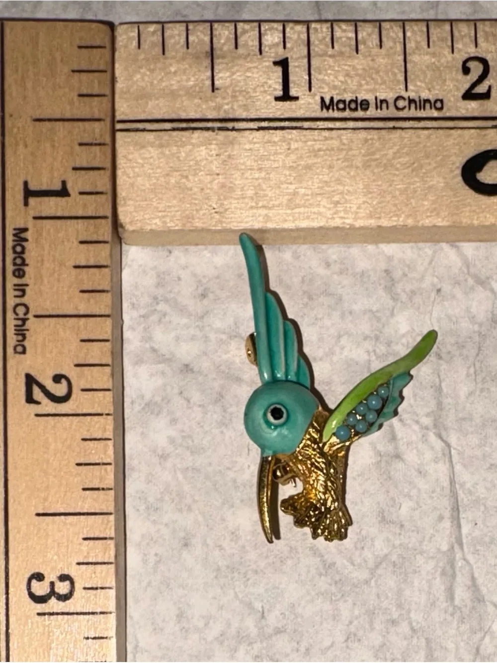 Turquoise and Green Enamel Hummingbird Bird Pin - Gold Tone Accent